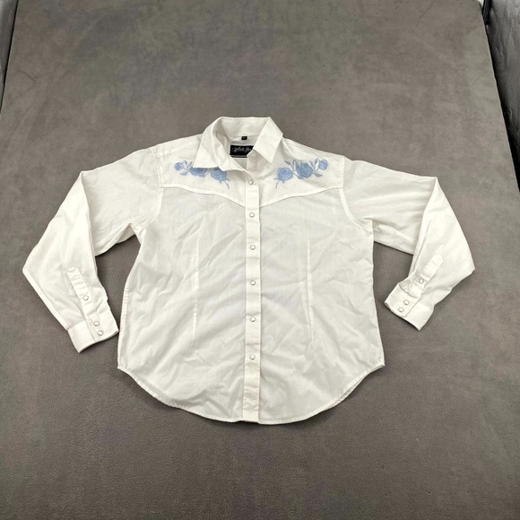 White Horse Tops - White Horse Western Shirt Women Medium White Floral Embroidered Pearl Snap Ranch